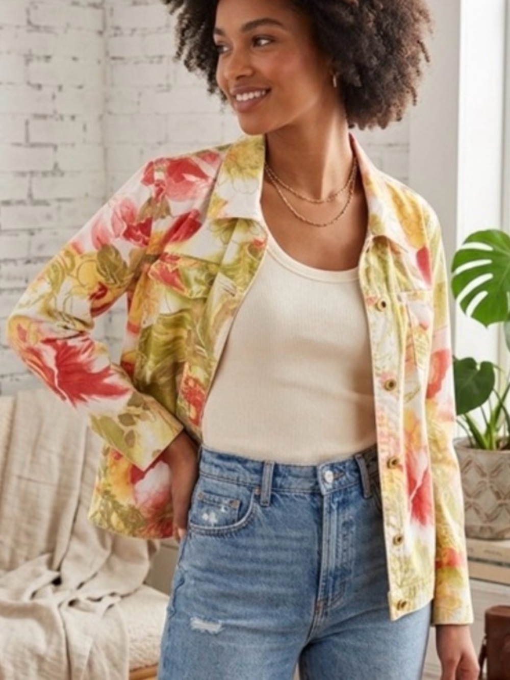 Caribbean Joe Tropical Hibiscus Print Cotton Jean Jacket Size 1X